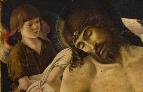 Giovanni Bellini (1430-1516 ca.), 𝗖𝗿𝗶𝘀𝘁𝗼 𝗺𝗼𝗿𝘁𝗼 𝗰𝗼𝗻 𝗾𝘂𝗮𝘁𝘁𝗿𝗼 𝗮𝗻𝗴𝗲𝗹𝗶, particolare